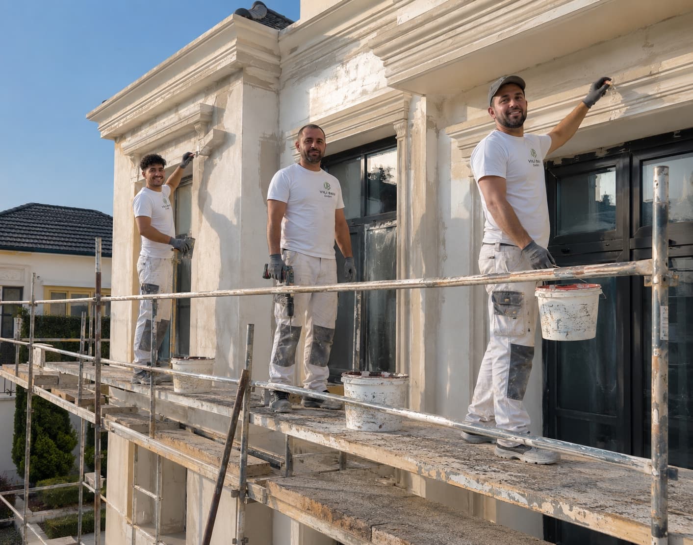 Vili Bau Team bei Fassadenarbeiten